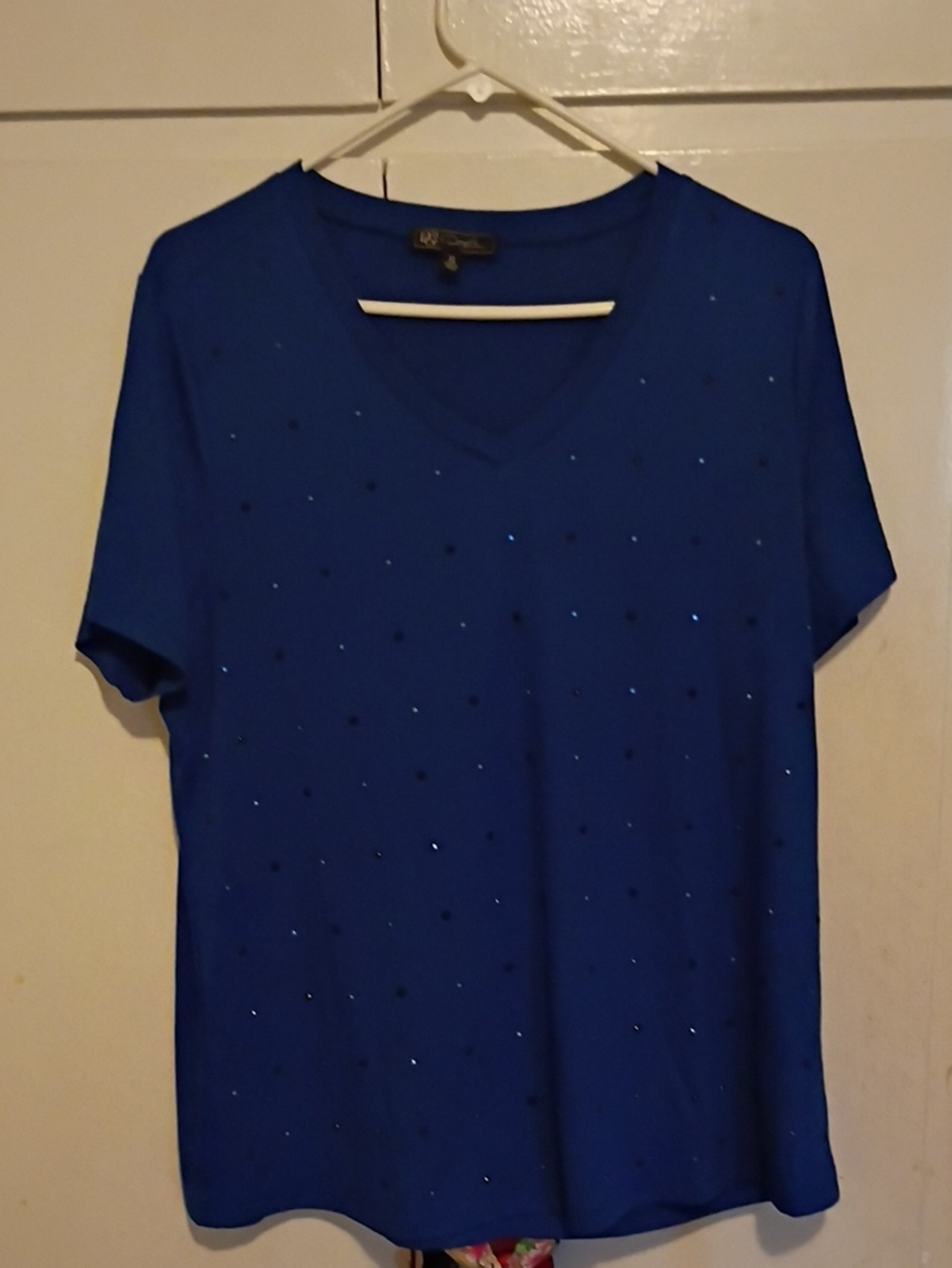 DG2 by Diane Gilman Royal Blue V-Neck Short Sleeve Top with Rhinestones